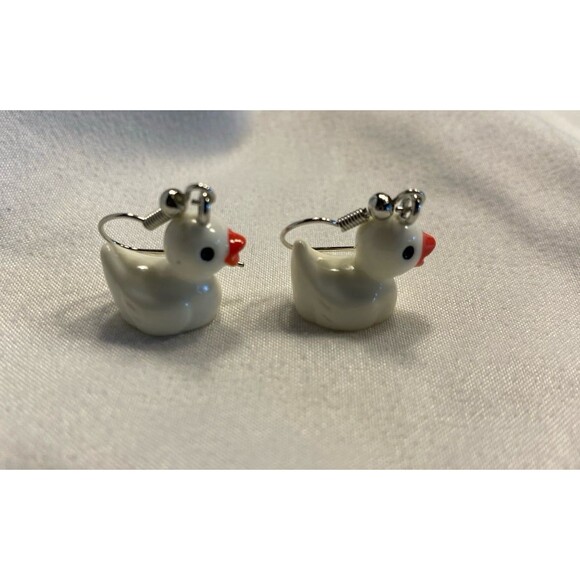 Earrings Baby Duck White Whimsical Dangle Quack Duckling Playful Fun Bird - Picture 3 of 8